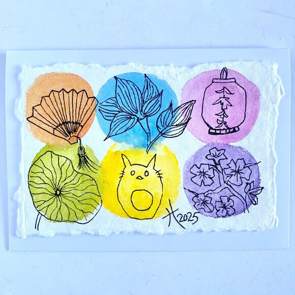 Watercolor Dots Japanese Style Original Art Handmade 5x7in Blank Greeting Card - Picture 1 of 4